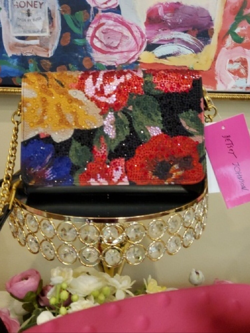 NWT Betsey Johnson Floral Rhinestone Clutch/Crossbody Purse